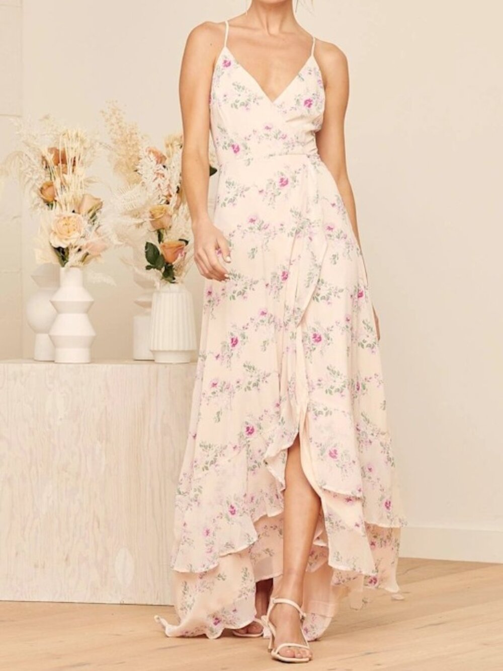 Lulus Blush Floral Lace-Up High Low Maxi Dress Size S